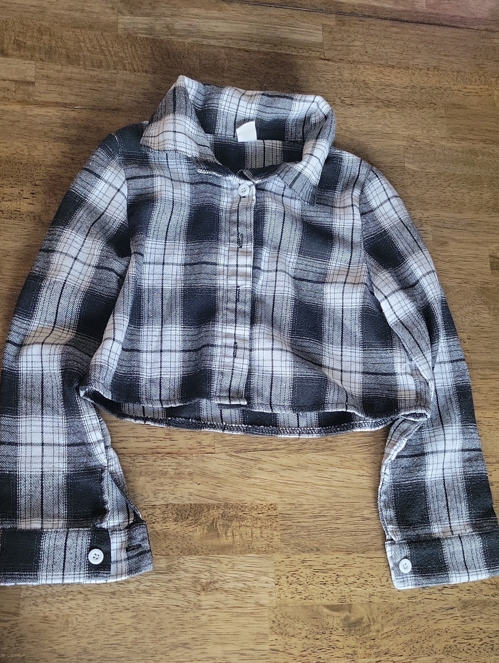 Girls Black & White Plaid Cropped Button-Up Shirt